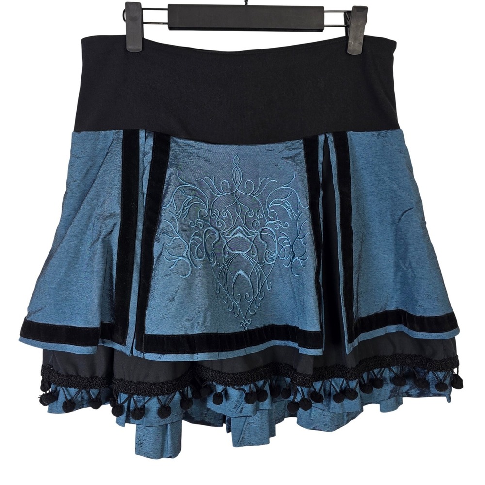 Margo Paris Black Blue Embroidered Velvet Trim Mini Skirt Size 10